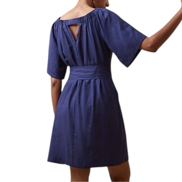 NWT Banana Republic Linen Dress Blue Tie Waist Flutter Sleeve Lagenlook Boho M - Picture 1 of 16